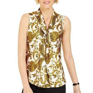 Kasper White Gold Paisley Tie Neck Blouse Size 2X